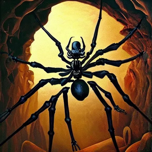 Image similar to a giant spider and a human skeleton, the skeleton is mounting the spider, inside of a cave, oil painting