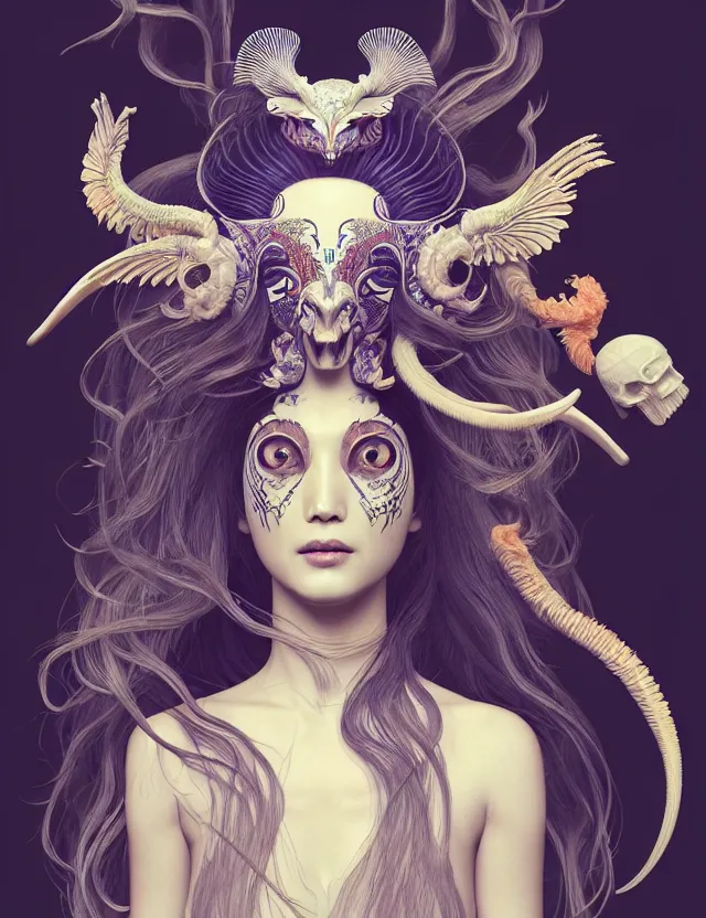 Image similar to 3 d slvic goddess half - turn portrait with long hair with ram skull. beautiful intricately detailed japanese crow kitsune mask and clasical japanese kimono. betta fish, jellyfish phoenix, bio luminescent, plasma, ice, water, wind, creature, artwork by tooth wu and wlop and beeple and greg rutkowski