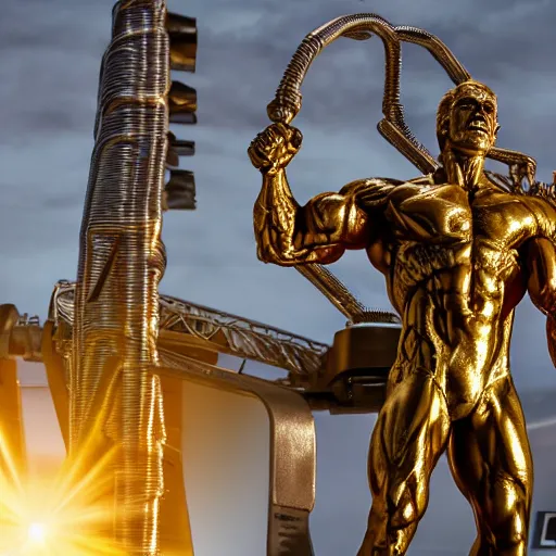 Prompt: Golden Arnold Schwarzenegger's Terminator Statue, mountain, Photography, Golden Hour, Wide Angle, Lens Flare, 3D, 4k, Adobe RGB, Angelic, Sunlight, Liquid Metal, insanely detailed and intricate, hypermaximalist, elegant, ornate, hyper realistic, super detailed,