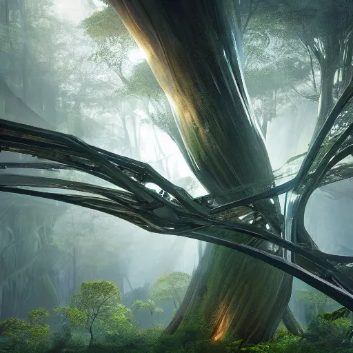 Prompt: futuristic branching and vaulted canopy structure stretching out across the forest, beautiful dynamic lighting, cinematic, wide angle establishing shot, extremely high detail, photo realistic, cinematic lighting, post processed, concept art, artstation, matte painting, style by eddie mendoza, raphael lacoste, alex ross, volumetric lighting, light rays, photorealistic, ultrarealistic, moody, coronarender, 8k