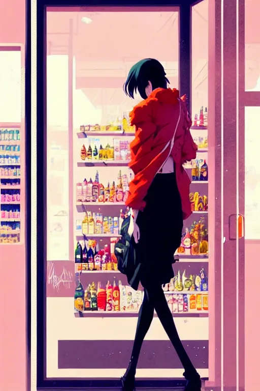 Image similar to a ultradetailed beautiful panting of a stylish woman standing in a convenience store, by conrad roset, greg rutkowski and makoto shinkai trending on artstation