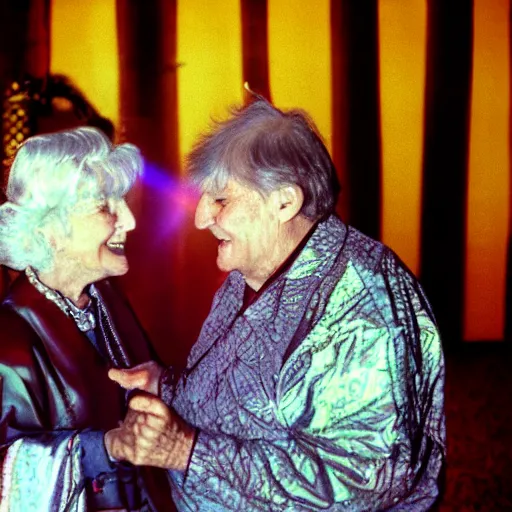 Prompt: a couple of grandparents of 1 0 0 years old wearing knight iron costume and dancing, kodachrome, backlight, add a glow around subj. edge, in twin peaks, 1 9 9 0 s