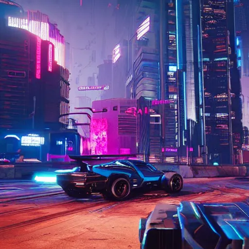 Prompt: Cyberpunk 2077 car Quadra Turbo-R V-Tech, driving down dusty city dystopian, long distance shot , by Mead, Syd