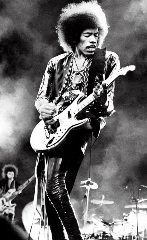 Image similar to jimi hendrix burning a stratocaster on the stage, cinematic composition and lighting