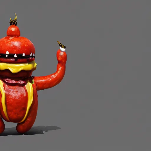 Prompt: a giant hotdog demon spiting spicy mustard. eldenring boss, zbrush, arnold render, unrealengine 5, dark souls, horror, extremely detailed