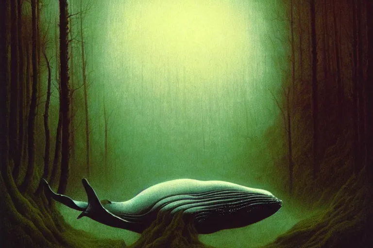 Image similar to whale swimming in forest, in the style of beksinski, intricate and epic composition, white by caravaggio, insanely quality, highly detailed, masterpiece, white light, artstation, 4 k