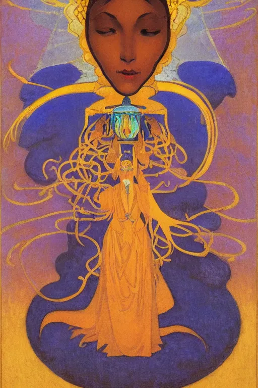 Image similar to queen of the dawn with her lantern and birds, by Nicholas Roerich and jean delville, elaborate headdress and embroidered velvet, iridescent beetles, rich color, dramatic cinematic lighting, extremely detailed