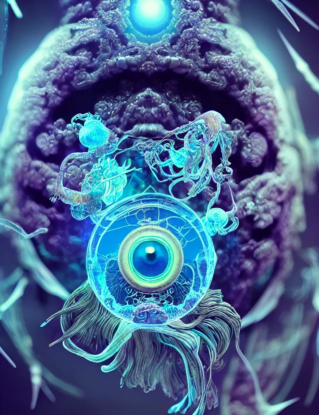 Prompt: eye of god macro close - up portrait with mask made of ram skull. betta fish, jellyfish phoenix, bioluminiscent, plasma, ice, water, wind, creature, super intricate ornaments artwork by tooth wu and wlop and beeple and greg rutkowski