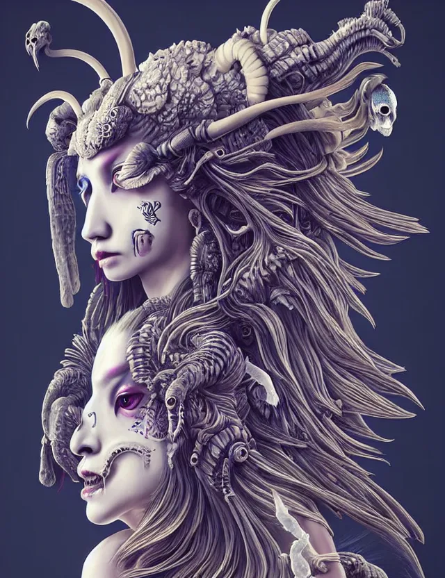 Image similar to 3 d goddess ram skull half - turn portrait with long hair with ram skull. beautiful intricately detailed japanese crow kitsune mask and clasical japanese kimono. betta fish, jellyfish phoenix, bio luminescent, plasma, ice, water, wind, creature, artwork by tooth wu and wlop and beeple and greg rutkowski