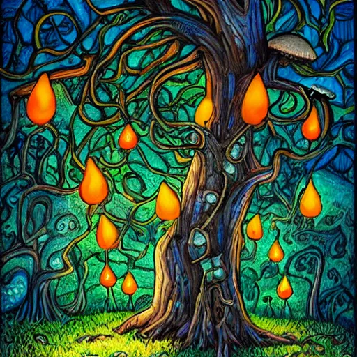 Image similar to acrylic painting , whole page illustration , art in the style of Terry Moore, a tiny village carved into the side of a tree, inhabited by elves and faeries, the outside lights are bioluminescent mushrooms and fungi intricately detailed