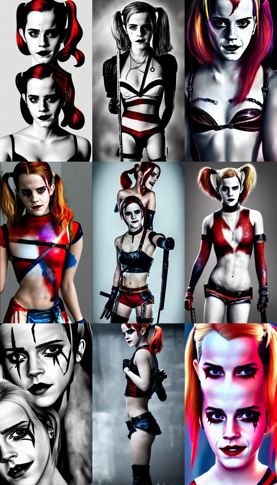 Prompt: emma watson as harley quinn, photorealistic art, full figure, intricate detailing, high definition, cinematic lighting