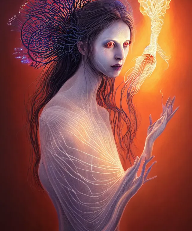 Image similar to portrait of a goddess of death with (reaction diffusion) scaled fish skin Bioluminescent phoenix jellyfish, burning phoenix halo, Her breath shot a haze of steam out into the frosty morning air concept, soft light, soft mood, realistic body features and face, illustration,intricate ornament halo, painting oil on canvas by Elena Zhurikhina and Goro Fujita and Charlie Bowater, octane render trending on artstation, 4k, 8k, HD