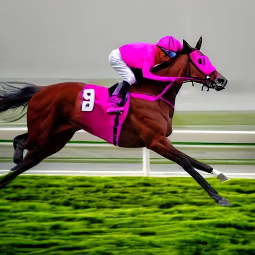 Prompt: close - up front view of a racing thoroughbred stallion ( with jockey in colorful outfit ) galloping extremely hard and emerging headfirst out of very dense ground fog to win a race at the track.