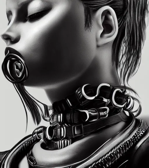 Image similar to detailed realistic female character cyberpunk wearing thick steel collar around neck, realistic, art, beautiful, 4K, collar, choker, collar around neck, punk, artstation, detailed, female, woman, choker, cyberpunk, neon, punk, collar, choker, collar around neck, thick collar, tight around neck, punk,