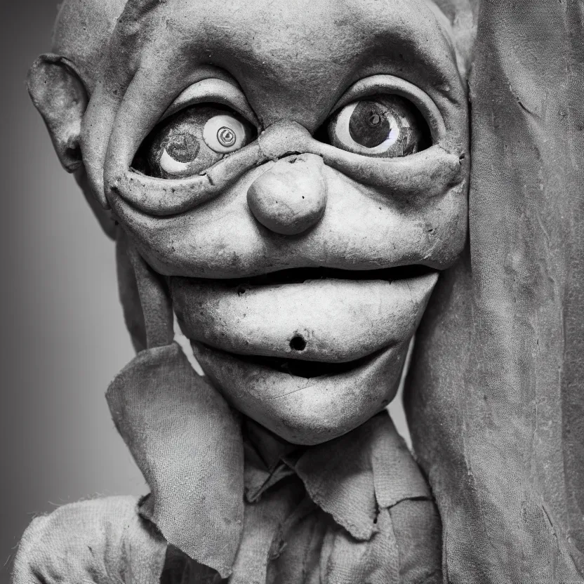Prompt: creepy ventriloquist dummy in the style of Roger Ballen, 4k, bw, portrait