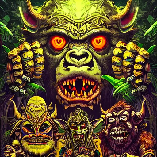 Image similar to barong family, wiwek, mara demon, one single tribe member, jungle, one single mask, dark, ancient warrior, stupid dump gorilla, tribal, inner glow, art by dan mumford and justin gerard