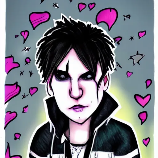 Image similar to a traditional cartoon emo/scene drawing of Gerard Way, late 2000’s, Trending on DeviantArt, dark pastel colors