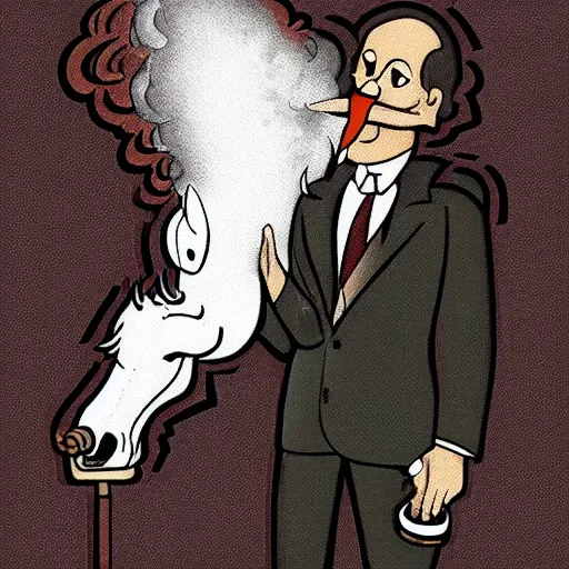 Image similar to an antropomorphic horse wearing a suit smoking a cigar