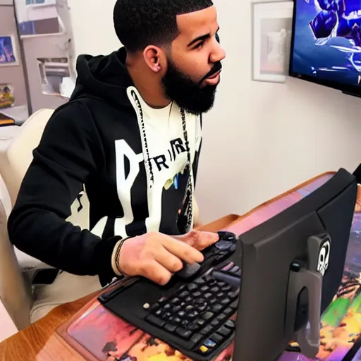 Prompt: The rapper drake playing fortnite on his computer