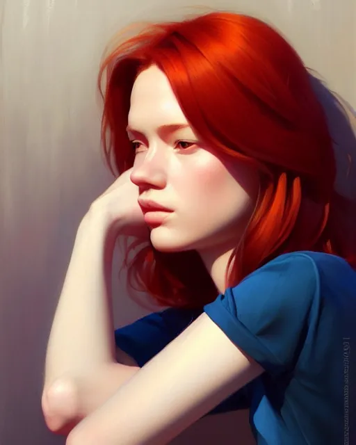 Prompt: stylized portrait of an artistic pose, composition, young redhead, realistic shaded, fine details, realistic shaded lighting poster by ilya kuvshinov, magali villeneuve, artgerm, jeremy lipkin and michael garmash and rob rey