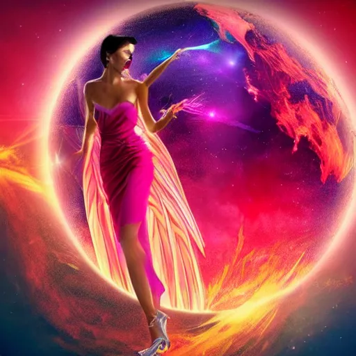 Image similar to a goddess wearing a flamingo fashion, sci - fi aesthetics, on fire, photoshop, colossal, creative and cool, giant, digital art, photo manipulation, planets, with earth, outer space, smoke