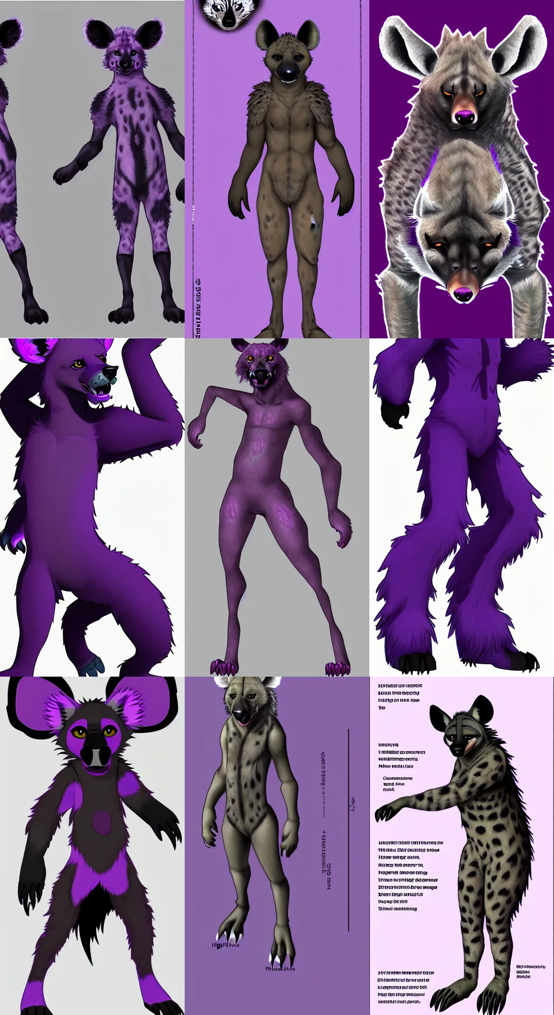 Prompt: a full - body front - perspective furry reference sheet, a male hyena fursona, purple and black color scheme, trending on weasyl, high - resolution, photorealistic