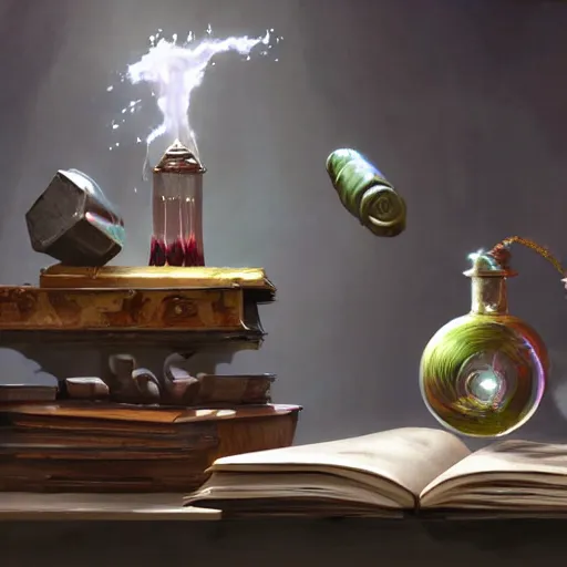 Prompt: hyper real, table, wizards laboratory, lisa parker, tony sart, mortar, pestle, scales with magic powder, energy flowing, magic book, beakers of colored liquid, greg rutkowski