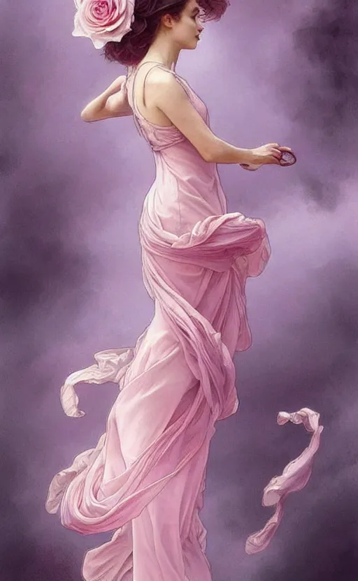 Image similar to delicate !!beautiful!! woman dressed in a vaporous wrapped large victorian pink roses silk semi-transparent dress fashion is running, fantasy, intricate, elegant, highly detailed, digital painting, trending on artstation, concept art, matte, sharp focus, illustration, art by Artgerm and Greg Rutkowski and Alphonse Mucha, trending on instagram, art nouveau