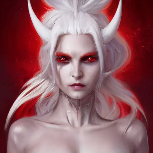 Image similar to ultra realistic illustration, dream humanoid demon girl with white hair, red horns, in white clothes, red eyes, intricate, elegant, highly detailed, digital painting, artstation, concept art, smooth, sharp focus, illustration, art by artgerm and greg rutkowski and alphonse mucha