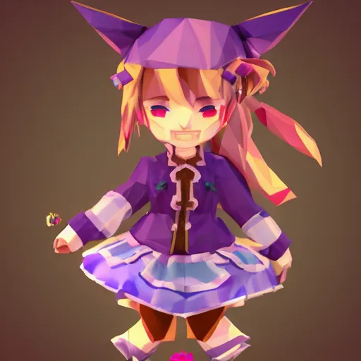 Prompt: ultra low poly modelling, clean graphics, isometric view, 1 6 bit colors, from touhou, made in rpg maker, right side of chibi girl, brown jacket with long sleeves, pigtails hair, volumetric lighting, fantasy, intricate, hyper realistic, by blizzard, warcraft 3, backlit