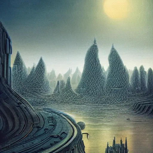 Prompt: artistic digital artwork of a city scene on an alien planet. beautiful landscape by vincent bons, michael whelan, remedios varo and gerardo dottori. grainy and rough. interesting pastel colour palette. beautiful light. oil and water colour based on high quality render.