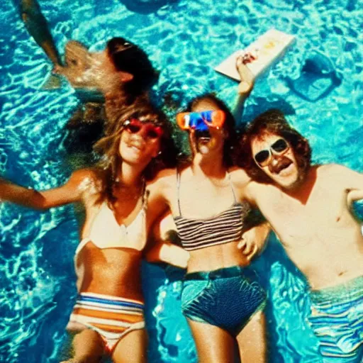 Prompt: aliens having a pool party in 1 9 7 3, jumping in pool, sun, sunglasses, party, polaroid picture, artistic, in the style of sofia coppola