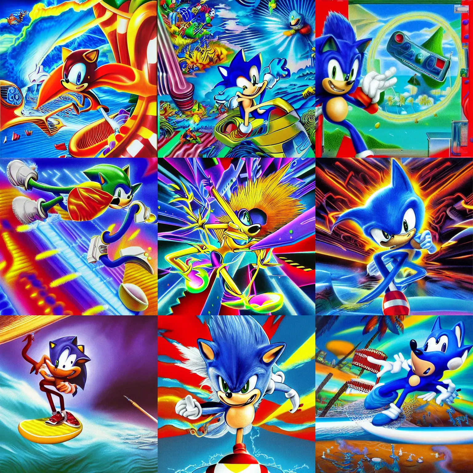 Prompt: surreal, sharp, detailed professional, soft pastels, high quality airbrush art of a liquid dissolving airbrush art lsd dmt sonic the hedgehog surfing through cyberspace, blue checkerboard background, 1 9 9 0 s 1 9 9 2 sega genesis rareware video game album cover