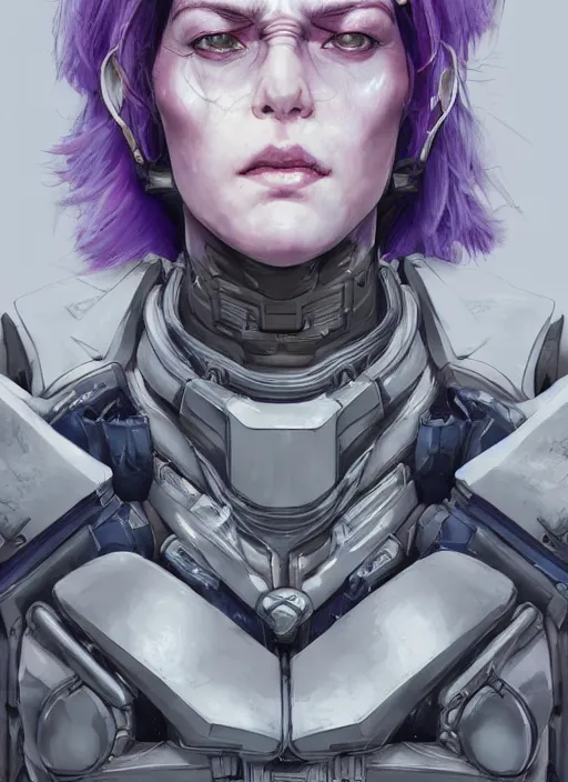 Image similar to close up portrait of a pale woman in sci - fi power armor with purple hair, powerful, domineering, stoic, intense, ultrafine hyperdetailed illustration by kim jung gi, irakli nadar, intricate linework, sharp focus, disco elysium, yoji shinkawa, highly rendered, detailed, concept art