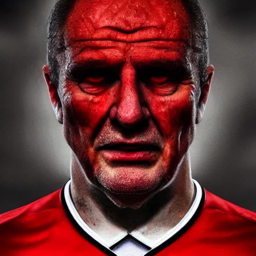 Image similar to avram glazer as the devil reincarnate, owner of manchester united football club, portrait, pure evil, devils horns, avram glazer, satan, hell, 8 k, hyperrealism, symmetry, cinematic lighting - h 9 6 0