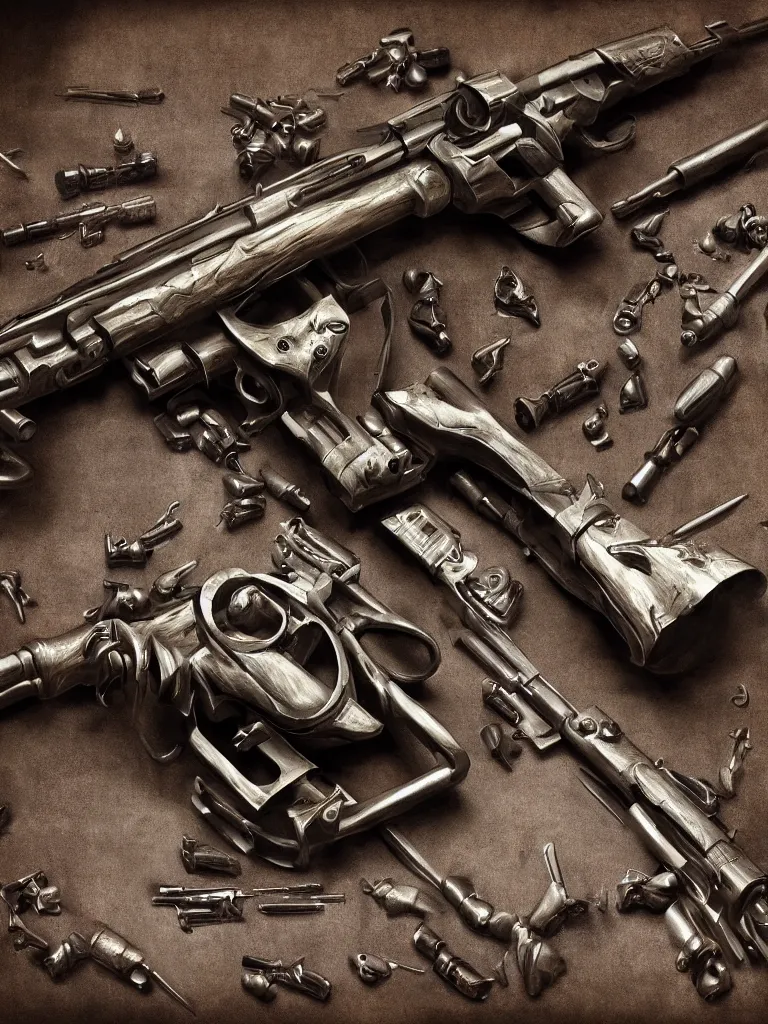 Prompt: carving sculpture of machine guns shotguns rifles revolvers bullets, in a dark room, dark vintage paperback cover, ultrarealistic, intricate details, kitbash, cinema4d, concept art 4k