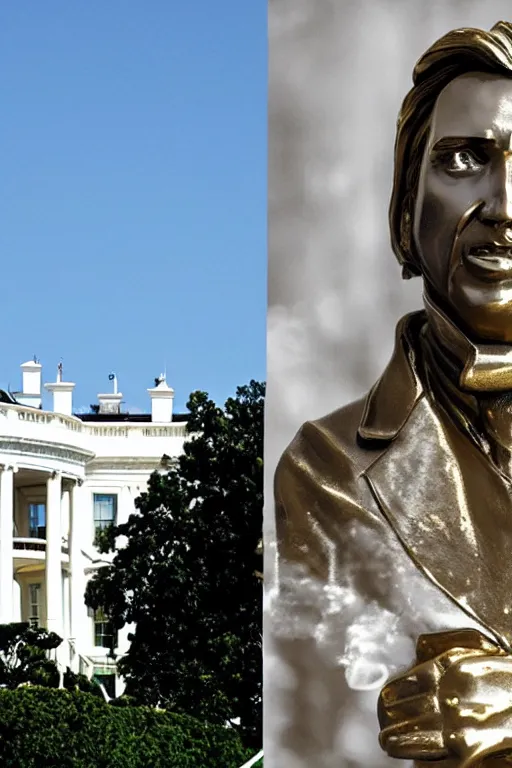 Image similar to A beautiful polished gold statue of Nicholas Cage in front of the White House, photo by Mann