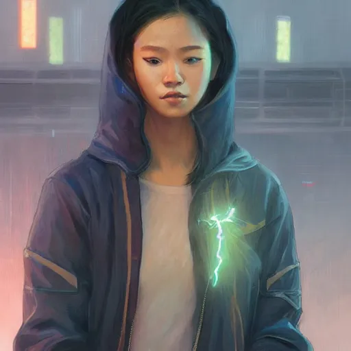 Image similar to asian lightning goddess wearing modern clothing, hoodie, jean shorts, slice of life, modern cyberpunk, highly detailed, digital painting, artstation, concept art, sharp focus, illustration, cinematic lighting, art by artgerm and greg rutkowski and alphonse mucha