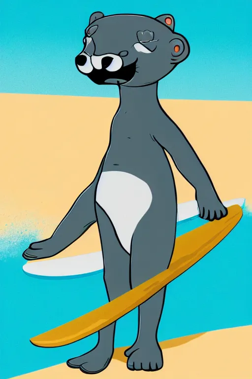 Image similar to a cute male gray turquoise white orange otter fursona wearing a black wetsuit and holding a surfboard on a beach, fantasy, paws on the sand, 8 k resolution, hyper detailed, character design, illustration, trending on artstation