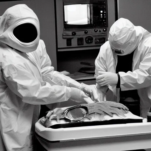 Image similar to photo of an alien autopsy, black and white, wide angle