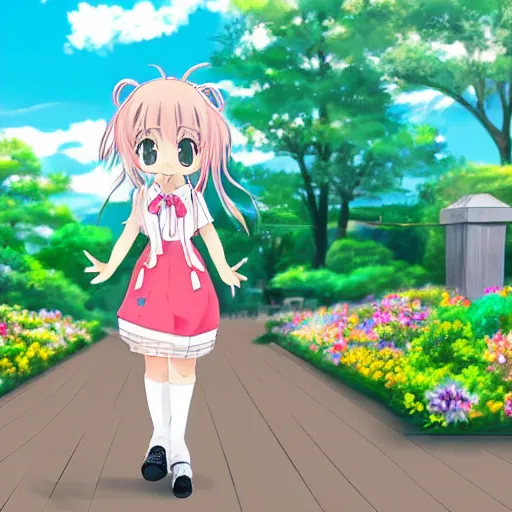 Image similar to a very cute art of a smiling anime girl idol wearing a colorful dress, walking at the garden, walking over a skeleton, in the style of anime, near a stone gate