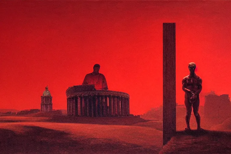 Image similar to only with red, caesar after war, a red tiger, in hoc signo vinces, rome in background, an ancient path, in the style of beksinski, part by hopper, part by rodcenko, part by hofbauer, intricate composition, red by caravaggio, insanely quality, highly detailed, masterpiece, red light, artstation