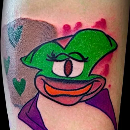 Image similar to tattoo of kermit the frog from sesame street dressed as the joker