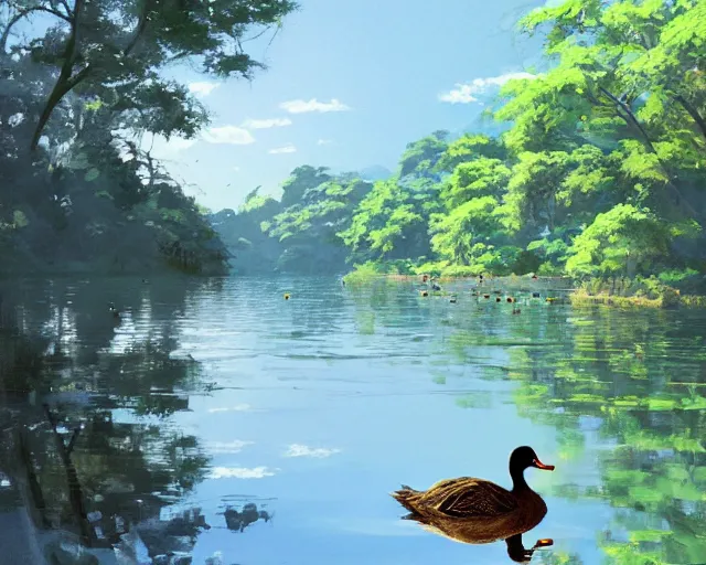 Prompt: a duck swimming in a river, ripples, reflections. Shady, trees bent over river, rocky shores. By Makoto Shinkai, Stanley Artgerm Lau, WLOP, Rossdraws, James Jean, Andrei Riabovitchev, Marc Simonetti, krenz cushart, Sakimichan, trending on ArtStation, digital art.