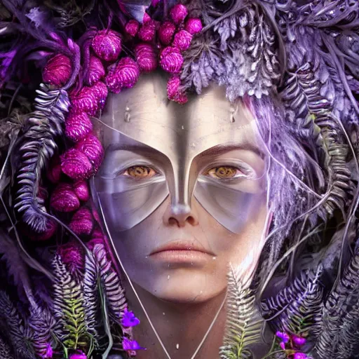 Image similar to a male knight, stern face, clear eyes, shining armour made of steel and flowers, and fractal flowery hair in a fractal garden, glowing delicate flower, berries and ferns that grow in a dark fantasy forest, full frame,