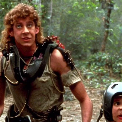 Prompt: a still of from the movie jungle 2 jungle crossover with the movie robocop