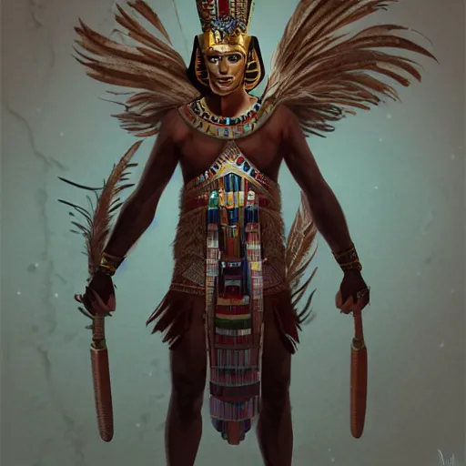 Image similar to a man in a costume with feathers on his head, egyptian art by senior character artist, cgsociety, fantasy art, made of feathers, egyptian art, concept art