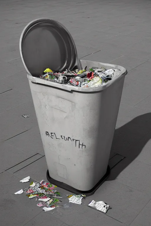 Prompt: trash bin 3 d with a revolution written in the trash bin, ultra realistic, concept art, intricate details, highly detailed, photorealistic, octane render, 8 k