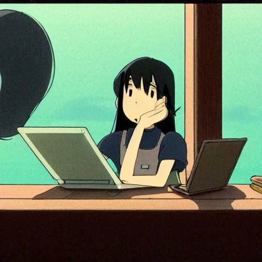 Image similar to guy with long black hair using a laptop, tan skin, looking down, art by hayao miyazaki, studio ghibli film, twitter pfp