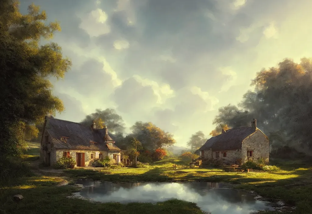 Prompt: a small georgion country house with a gravel path and small fishpond, cinematic view, blue sky, detailed, concept art, high angle, high detail, warm lighting, volumetric, godrays, vivid, trending on artstation, by jordan grimmer, art greg rutkowski